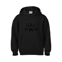 Load image into Gallery viewer, &quot;VARSITY&quot; GRL PWR Chenille Hoodie (Black with Grey Stitching)